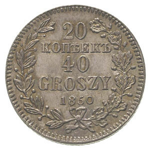 Monety zaboru rosyjskiego, 20 kopiejek = 40 groszy 1850, Warszawa, podwójna wstążka w wieńcu na rewersie, Plage 397, Bitkin 1263, wyśmienity egzemplarz z delikatną patyną Monety zaboru rosyjskiego, 20 kopiejek = 40 groszy 1850, Warszawa, podwójna wstążka w wieńcu na rewersie, Plage 397, Bitkin 1263, wyśmienity egzemplarz z delikatną patyną